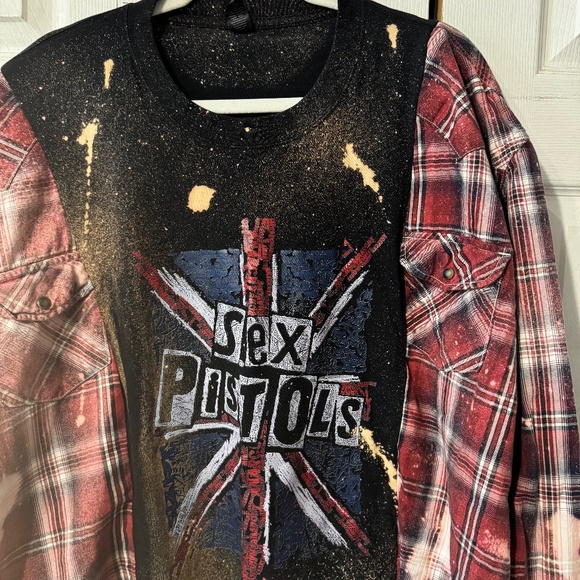 Sex Pistols Upcycled Bleached Graphic Tee & Flannel Shirt - Size S-3XL - Picture 2 of 3
